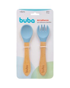 Cuchara y Tenedor de Silicona Azul y Bambú