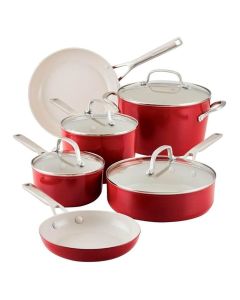 KitchenAid Juego de Ollas | Antiadherentes | Cerámica Anodizada | Rojo
