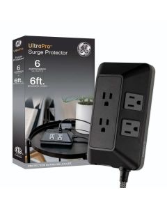 Jasco Protector Contra Sobretensiones Ge | 6 Tomas con Adaptadores | Cable Trenzado de 1,8 M (6 Pies) | Negro