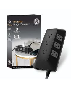 Jasco Protector Contra Sobretensiones Ge | 9 Tomas de Corriente | 2,4 M (8 Pies) con Adaptadores | Negro