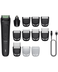 Philips Afeitadora Multigroomer Serie 3000 con 12 Accesorios | Cuchillas Autoafilables | 1 Hora de Uso con una Carga | Indicador de Carga