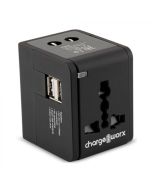 Chargewoox Adaptador de Corriente Internacional | para 150 Países | Doble Cargador USB | Capacidad Máxima de Hasta 250 Voltios y 15A | Negro