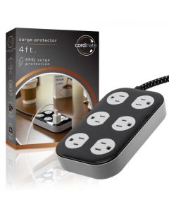 Jasco Cable De Extensi&oacute;n Trenzado De 4 Pies Y 6 Tomas De Corriente Con Protecci&oacute;n Contra Sobretensiones Cordinate ADAPT | Negro/Gris